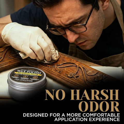 Person applying Top Shelf Microcrystalline Wax Polish Kit With Gotto Formula For Wood Leather Metal Stone Furniture And Varnish Including Handy Applicator And Cotton Buffing Rag on carved wooden furniture.
