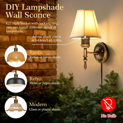 Steampunk Plug in Wall Sconces Set of Two, Wall Lamp Industrial, Rustic Wall Light Fixture with DIY lampshade and E27 socket.