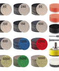 All In One 180 Piece Sanding Discs Set With Grits 60 Through 10000 Wet Dry Sandpaper pads with shanks, foam, wool, and backing pad.