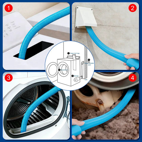 Diagram and usage of Pro Grade Dryer Vent Cleaning Kit With Flexible Hose And Vacuum Adapter, Lint Removal Tool For Home Vents.