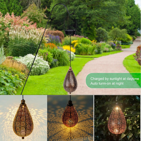 2 Pack Solar Hanging Lanterns With Raindrop Shape, Warm White LED Glow, Retro Iron Antique Bronze Finish outdoor yard view