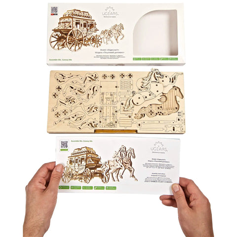 Wooden Stagecoach 3D Puzzle Construction Kit With Self Moving Gears Openable Cabin Doors And Detailed Mechanical Fun For Builders Of All Ages Perfect STEM Toy For Curious Kiddos And Grownups Who Love Hands On Gear Puzzles, wooden parts and box
