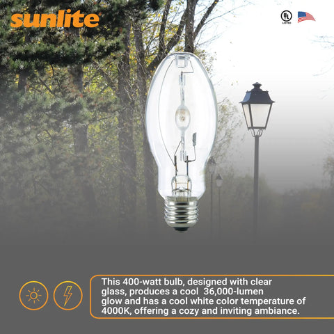 Powerhouse 400W Metal Halide Bulb With Mogul Base E39 for Outdoor and Commercial Lighting, clear glass, 36,000 Lumens.
