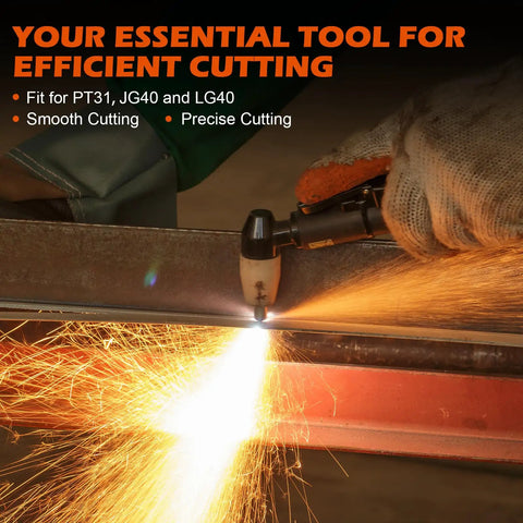 PT31 Plasma Cutter Consumables Kit in use, cutting through metal smoothly with sparks, glove holding torch, showing efficiency.