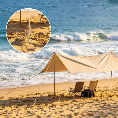 Beefy Heavy Duty 12 Pack 14 Inch Ground Anchors Screw In Non Rust Cast Aluminum Detachable Tent Stakes used in beach setting.