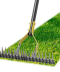 19-Tine Thatch Rake with Adjustable Head Angle and 55 Inch Steel Handle for Lawn Care in action on green grass