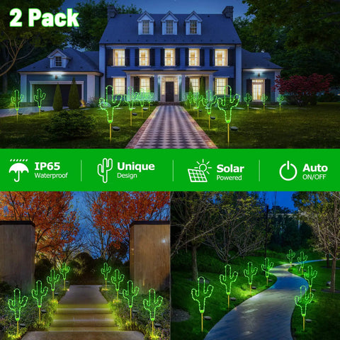2 Pack Solar Cactus Walkway Lights For Outdoor Garden Pathway Lawn Patio Decor Waterproof Stake Lights With Copper Wire