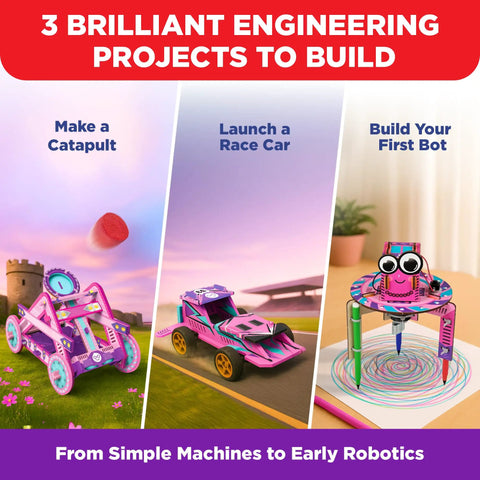 Cool Girls Engineering Kit for Kids Aged 8 and Up With Catapult Machine, Race Car Build, and Scribbling Robot - Hands-On STEM Fun for Young Makers