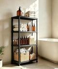 No Drama Four Tier Plastic Shelving Unit For Tight Layouts, 53 Inch Tall Vertical Rack with towels and bottles in a bathroom setting.