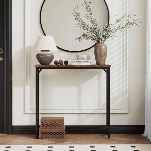 Narrow Entryway Console Table And Sofa Side Table In Industrial Hallway Style For Small Spaces Space Saver, brown finish, 29.5x9.4x29.5 in