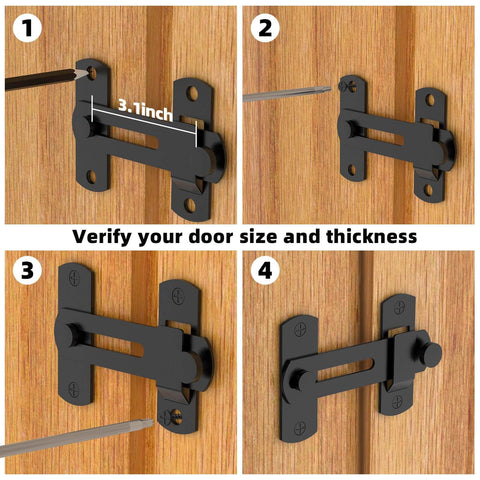 Installation sequence for 180 Degree Flip Sliding Barn Door Lock For Privacy And Safe Door Lock Latch on a wooden door