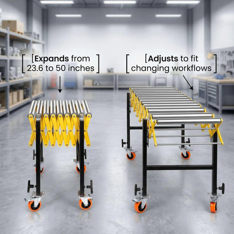Heavy Duty Table Saw Outfeed Roller Conveyor Table With Adjustable Height Range From 30 To 50 Inches And Lockable Casters for flexible use.