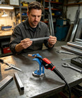 Heavy Duty Welding Torch Holder With Strong Magnet Base For Secure MIG Stand and No Reach Bracket Support on Steel Surfaces in workshop.