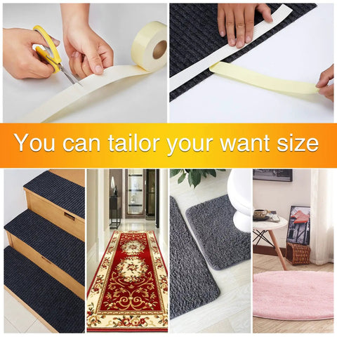 Collage showing Non Slip Rug Pad Grippers With Vacuum Tech For Stay Put Rugs, 9.8 ft roll and applied in various settings.