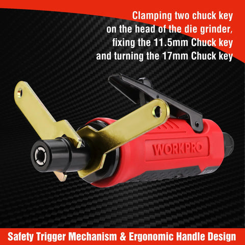 WORKPRO 1/4-in pneumatic straight die grinder, red body with brass lever; includes 1/4- and 1/8-in collets