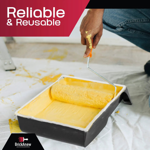Five Piece 4 Inch Paint Tray Set With Disposable Liners, Durable Plastic Roller Tray in use with yellow paint roller