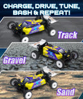 Speck B Elite Brushless 1 By 24 2WD Mini RC Car RTR Buggy on track, gravel, and sand in Razor Magenta body, Ready to Run