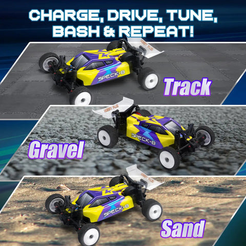 Speck B Elite Brushless 1 By 24 2WD Mini RC Car RTR Buggy on track, gravel, and sand in Razor Magenta body, Ready to Run