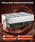 Pro Level Commercial Chocolate Melting Machine With Three Tanks And 27 Pound Capacity Featuring Smooth Water Bath Heating And Dead On Temperature Control For Hassle Free Cocoa Prep Daily with stainless steel build.