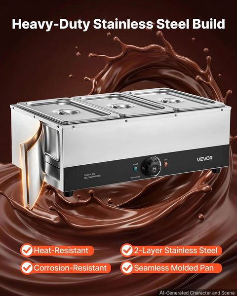 Pro Level Commercial Chocolate Melting Machine With Three Tanks And 27 Pound Capacity Featuring Smooth Water Bath Heating And Dead On Temperature Control For Hassle Free Cocoa Prep Daily with stainless steel build.