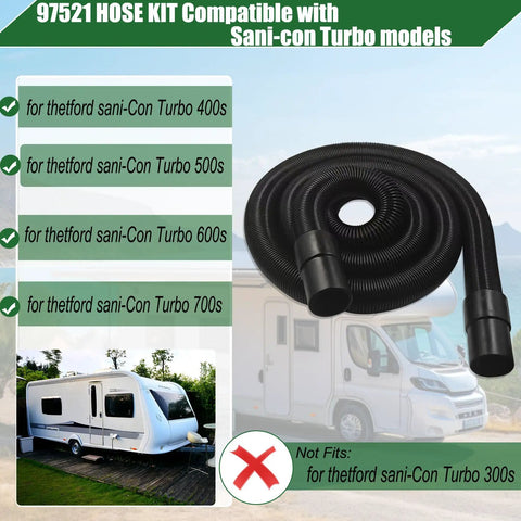 Macerator RV Sewer Hose Kit For Thetford SaniCon Turbo 400S 500S 600S 700S, 1.5 Inch Diameter, 22 Ft, Black Hose with Camper in Background
