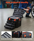 Durable 297-Piece Mechanic Tool Set With Quarter Inch, Three Eighths Inch, And Half Inch Drive Sockets in opened case on garage floor.