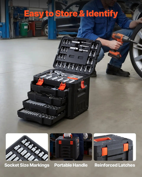 Durable 297-Piece Mechanic Tool Set With Quarter Inch, Three Eighths Inch, And Half Inch Drive Sockets in opened case on garage floor.