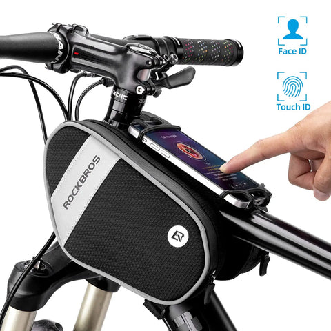 Black front frame bag with 360 degree rotation phone holder mounted on bike handlebar, showing easy access to smartphone.