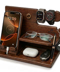 Solid Wood Phone Docking Station And Organizer For Men, Charging Stand holding phone, watches, keys, glasses on desk, Bourbon Brown.