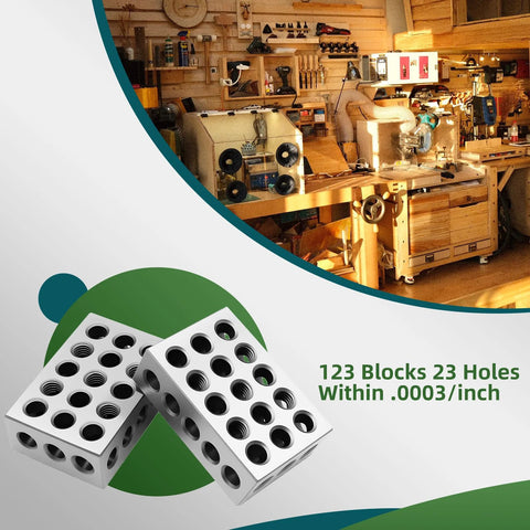 Front-angled view of two 1x2x3 tool-steel precision blocks with 23 holes