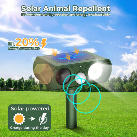 Outdoor Solar Powered Ultrasonic Animal Repeller With Motion Sensor And LED Flashing Light, shown installed on a lawn.