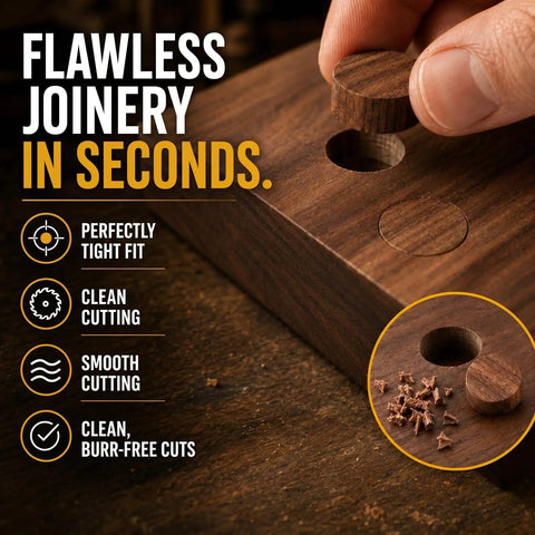 Kickass Carbide Tipped Wood Plug Cutters Set 5 Piece Collection showing clean wood cutting with tight-fit plug in walnut wood.