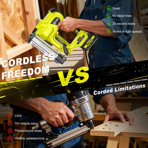 Rock Solid Heavy Duty 21V Cordless Brad Nailer With Two 2.0Ah Batteries And 1000 Fasteners, Smooth Shooting 18 Gauge Stapler And Nailer for woodworking in a comparison image.