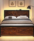 Badass Industrial Queen Bed Frame With Rustic Barn Headboard featuring app controlled RGB lighting and built-in USB plugs.