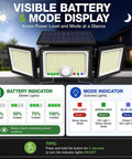 Solar Outdoor Lights Motion Sensor showing visual battery and mode indicators on three heads in a wide angle display.