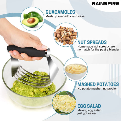 Pro Grade Heavy Duty Pastry Blender With Stainless Steel Blades And Wire Dough Cutter mashing avocados, ideal for guacamole