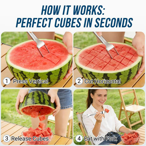 Steps to use 2 In 1 Watermelon Cutter And Serving Fork, Stainless Steel Fruit Slicer for Cubes and Quick Serving at outdoor picnic table