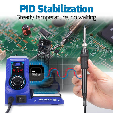 Ready To Roll Soldering Station Kit With 130W Max Power And 926LED V3, soldering on circuit board, PID stabilization shown