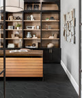 Home office with Apini Hex Matte Black Porcelain Tile For Floors And Walls 9 One Eighth By 10 One Half Inches Glazed Low Sheen
