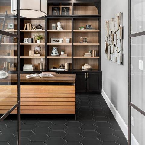 Home office with Apini Hex Matte Black Porcelain Tile For Floors And Walls 9 One Eighth By 10 One Half Inches Glazed Low Sheen