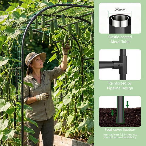 Woman tending plants on 87 Inch Tall Garden Arch Trellis For Climbing Plants Outdoor Black Plastic Coated Metal Cucumber Arbor Arch
