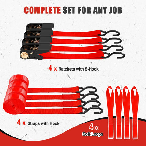 4 Pack 1 Inch By 15 Foot Ratchet Straps With 1500 Lb Break Strength S Hooks And 4 Soft Loops Neon High Visibility Webbing