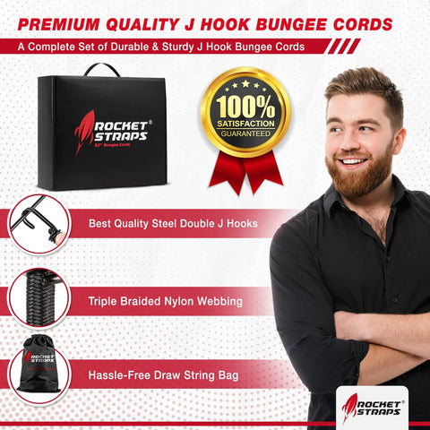 Heavy Duty Bungee Cord Set Of 12 With Double J Hooks, 32 Inch Elastic Straps package with satisfaction guarantee logo