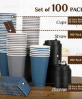 100 pack of 16 Oz Disposable Paper Coffee Cups With Lids, Sleeves, And Stir Sticks, Blue And Gray, Great Value Set displayed