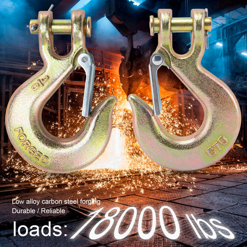 Tough As Nails Three Eighths Inch Chain Hooks Set With Safety Latch Forged G70 Clevis Slip Hooks For Marine Trailers And Truck Towing Ten Pack Securely Connects Safety Chains Binder Chains Flatbeds Cranes And More displayed against a fiery background