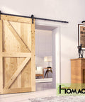 Installed Five In One Design Solid Natural Pine Barn Door Kit For Interior Use, Forty Eight Inch Wide And Eighty Four Inch High