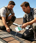 Two men using Pro Grade Premium Heavy Duty Concrete Filler With Waterproof Self Leveling Cement Paste for roof repair.