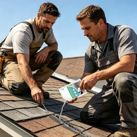 Two men using Pro Grade Premium Heavy Duty Concrete Filler With Waterproof Self Leveling Cement Paste for roof repair.