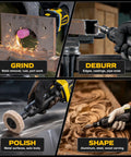 Killer Hella Sick Cordless Die Grinder Designed To Drop Straight Into Your DeWalt 20V Max Battery Rig Tool Only For Snappy Grinding Smoothing And Sharp Detail Work On Daily Builds in action, grinding metal and polishing surfaces.