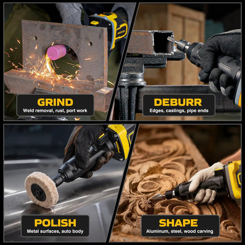 Killer Hella Sick Cordless Die Grinder Designed To Drop Straight Into Your DeWalt 20V Max Battery Rig Tool Only For Snappy Grinding Smoothing And Sharp Detail Work On Daily Builds in action, grinding metal and polishing surfaces.